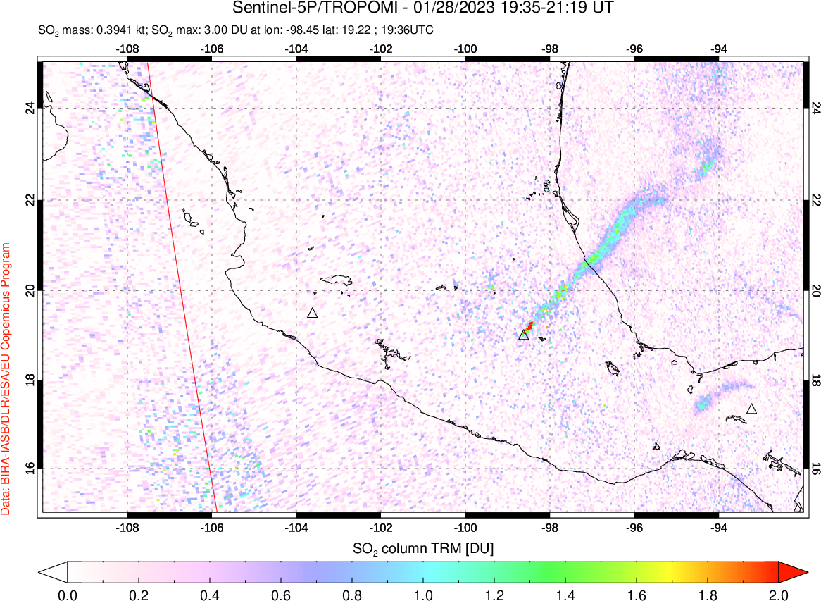 A sulfur dioxide image over Mexico on Jan 28, 2023.