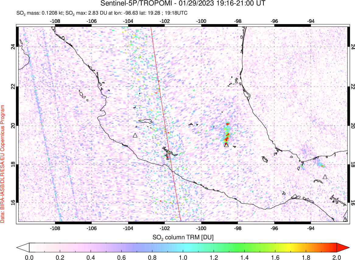 A sulfur dioxide image over Mexico on Jan 29, 2023.