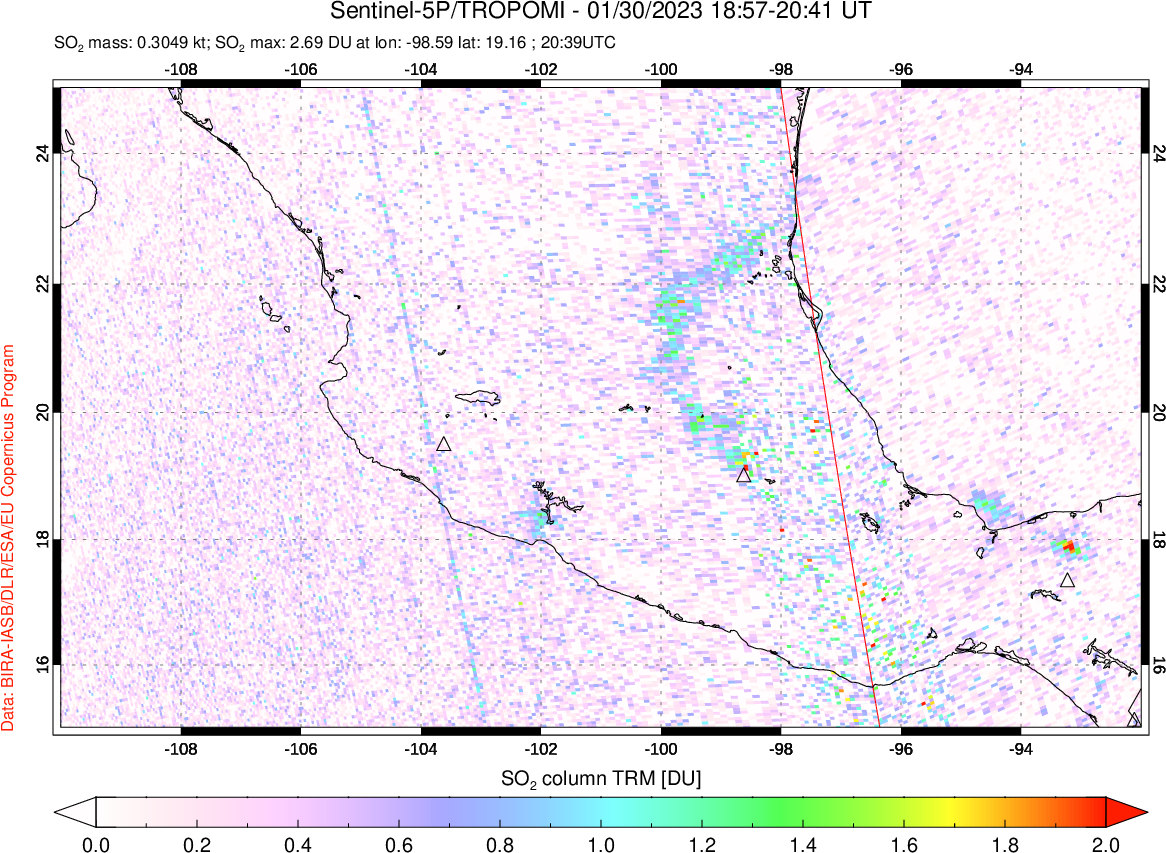 A sulfur dioxide image over Mexico on Jan 30, 2023.
