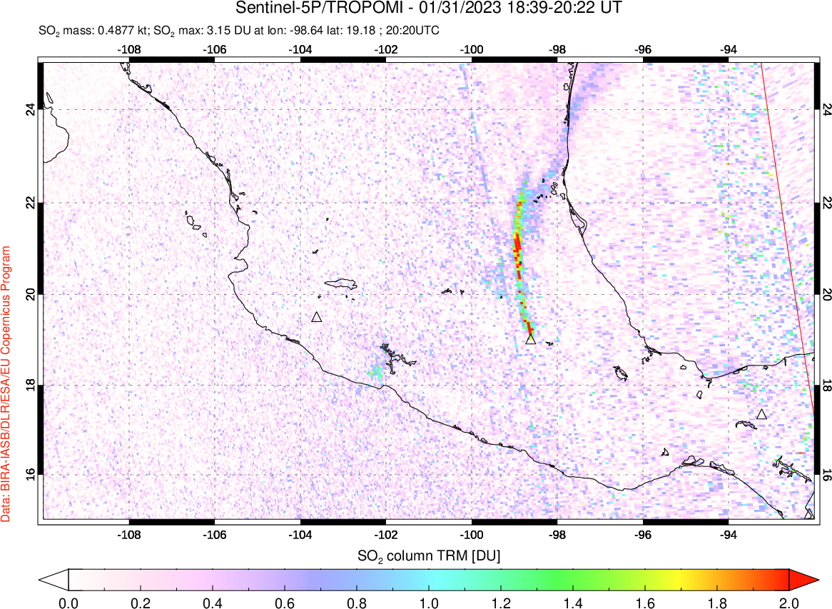 A sulfur dioxide image over Mexico on Jan 31, 2023.