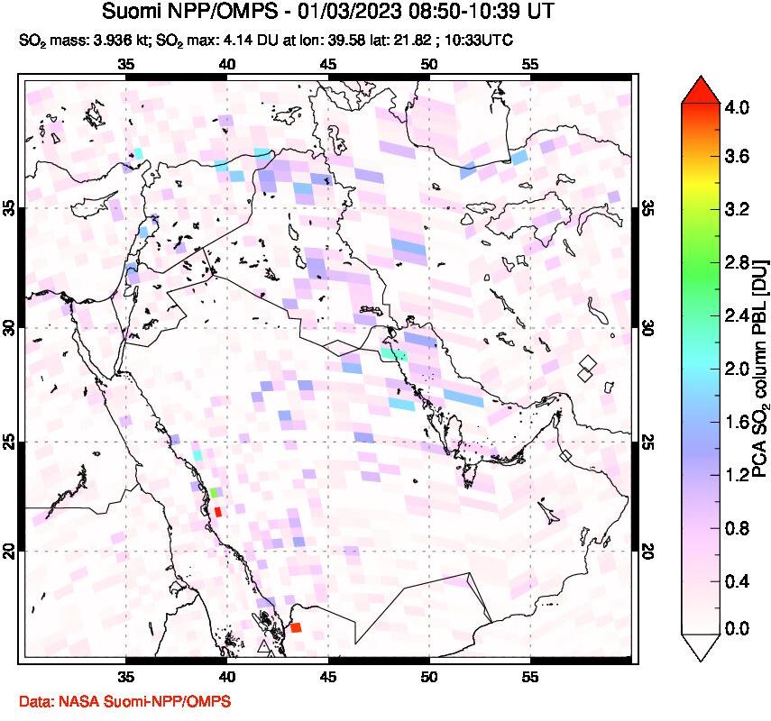 A sulfur dioxide image over Middle East on Jan 03, 2023.