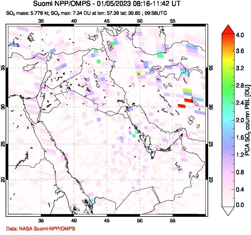 A sulfur dioxide image over Middle East on Jan 05, 2023.