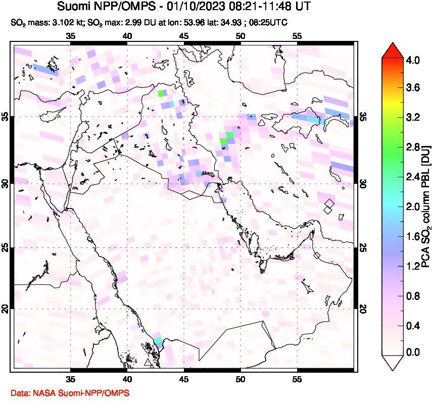 A sulfur dioxide image over Middle East on Jan 10, 2023.