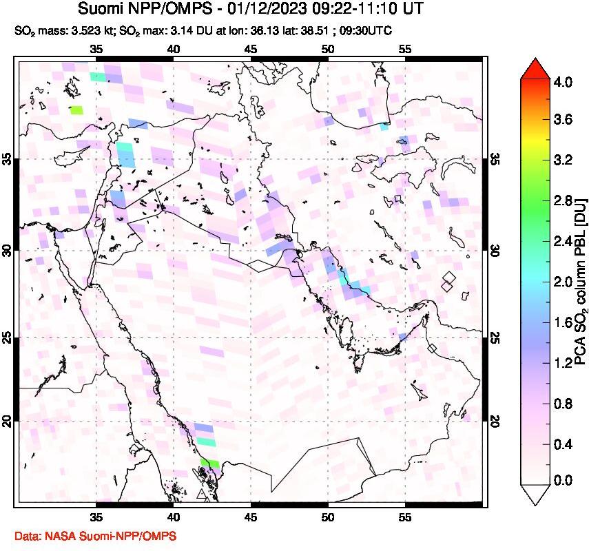 A sulfur dioxide image over Middle East on Jan 12, 2023.