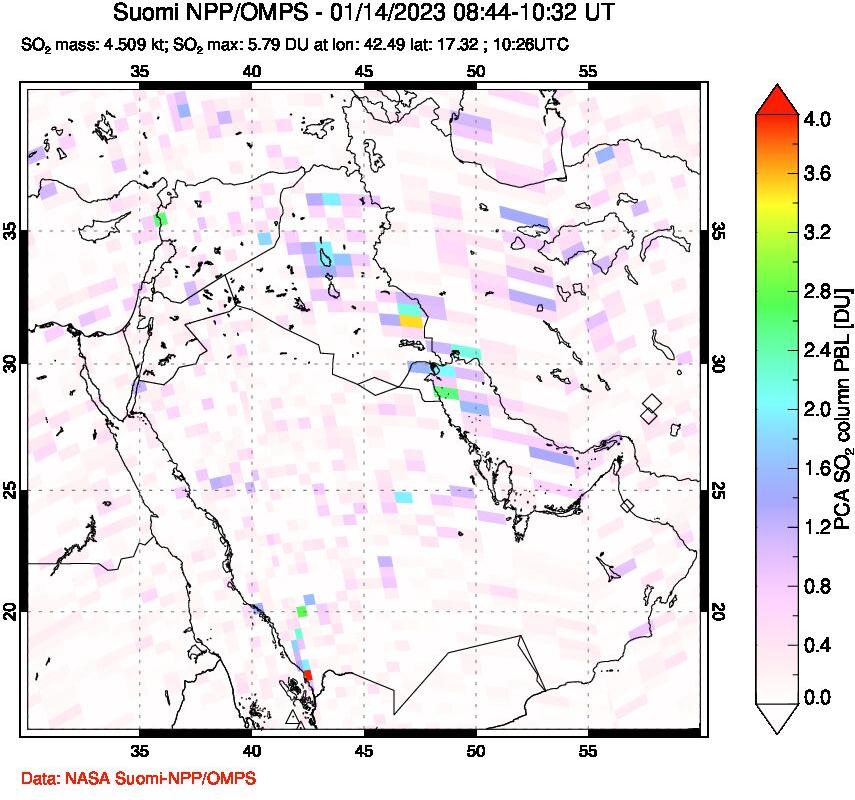 A sulfur dioxide image over Middle East on Jan 14, 2023.