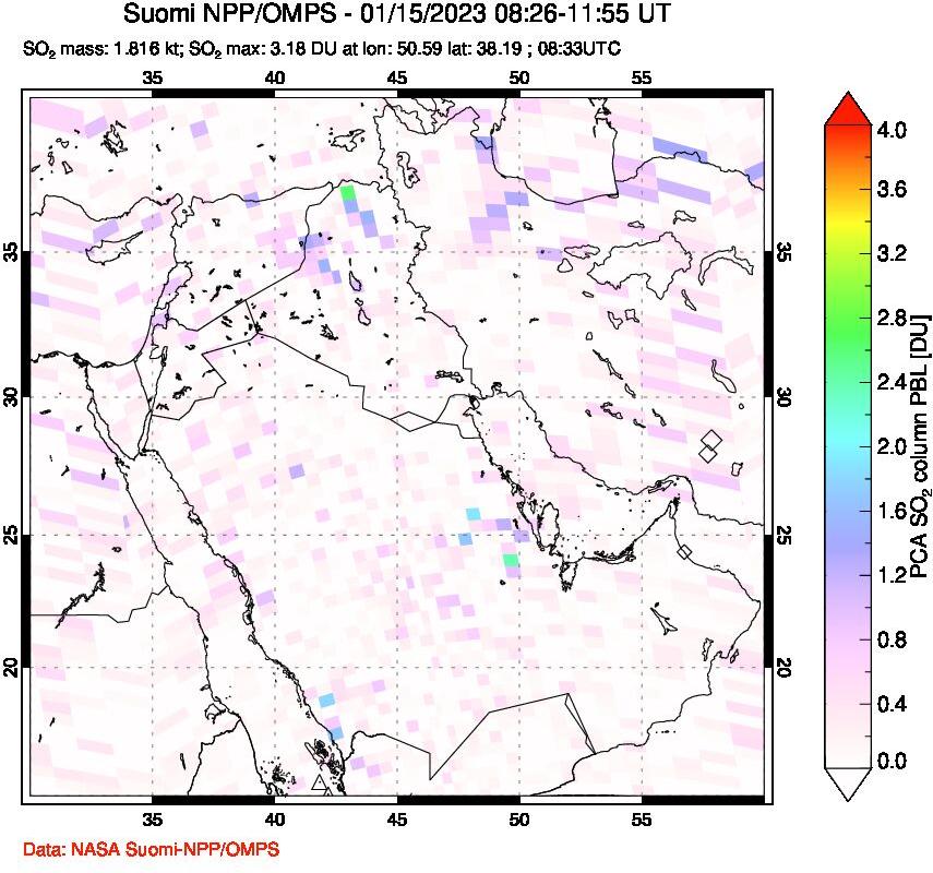 A sulfur dioxide image over Middle East on Jan 15, 2023.