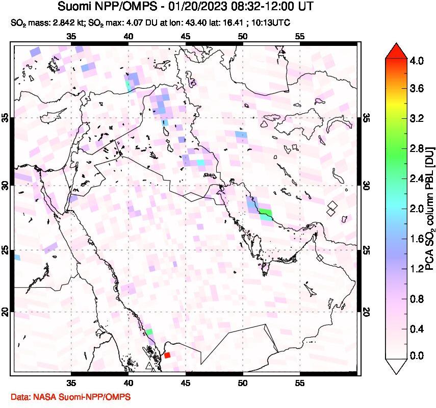A sulfur dioxide image over Middle East on Jan 20, 2023.