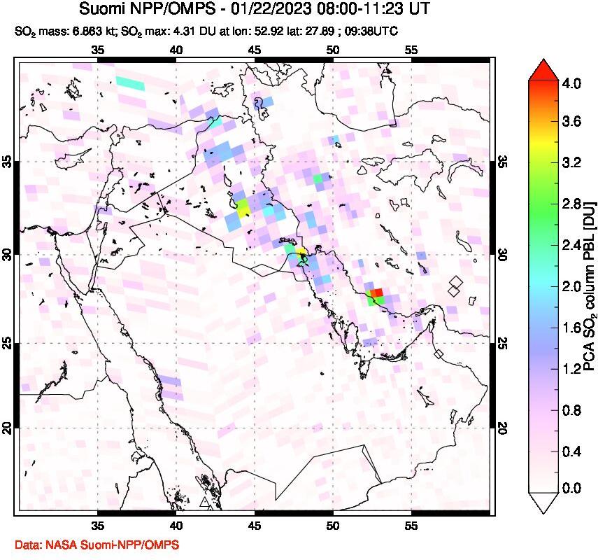 A sulfur dioxide image over Middle East on Jan 22, 2023.