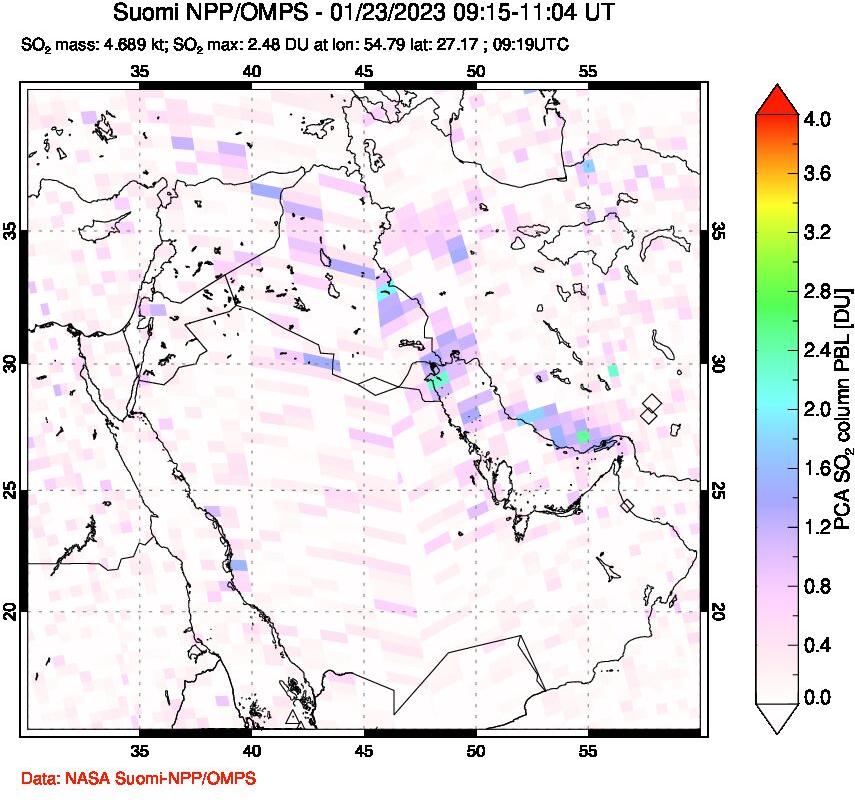 A sulfur dioxide image over Middle East on Jan 23, 2023.