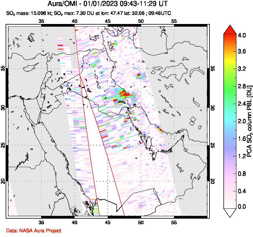 A sulfur dioxide image over Middle East on Jan 01, 2023.