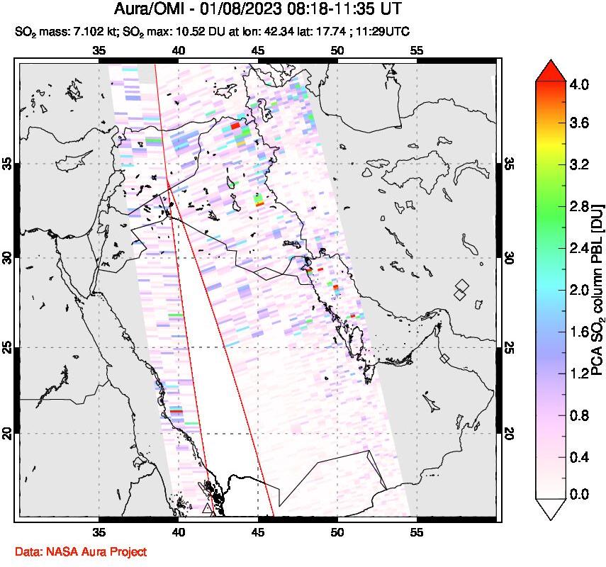 A sulfur dioxide image over Middle East on Jan 08, 2023.