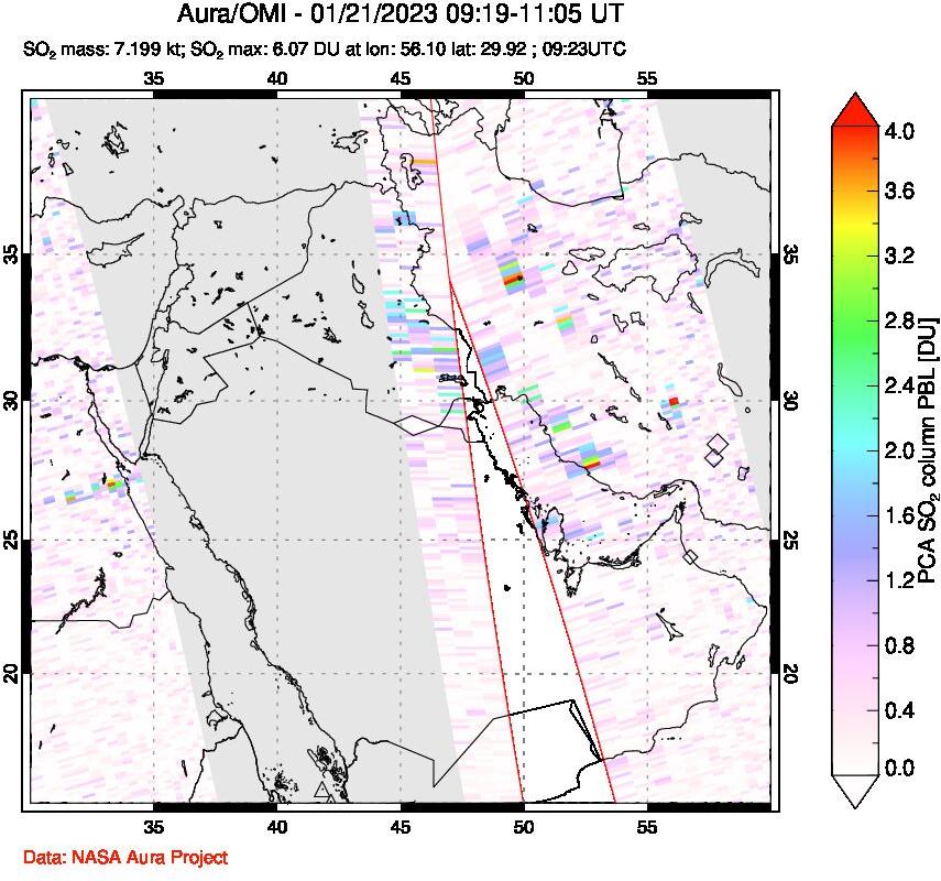 A sulfur dioxide image over Middle East on Jan 21, 2023.