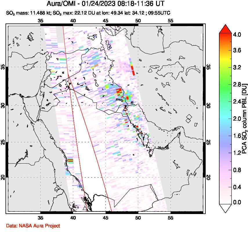 A sulfur dioxide image over Middle East on Jan 24, 2023.