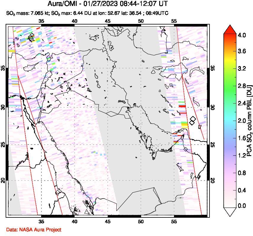 A sulfur dioxide image over Middle East on Jan 27, 2023.