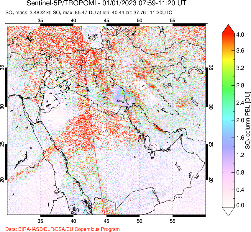 A sulfur dioxide image over Middle East on Jan 01, 2023.