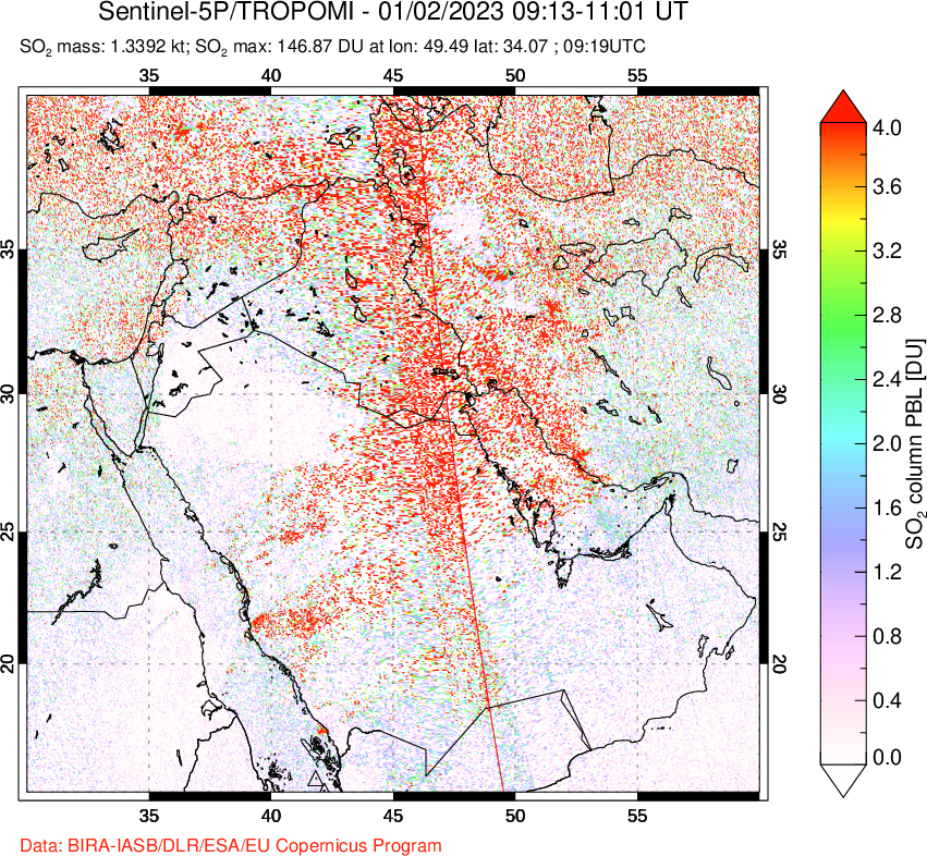 A sulfur dioxide image over Middle East on Jan 02, 2023.