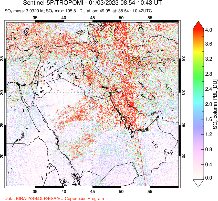A sulfur dioxide image over Middle East on Jan 03, 2023.