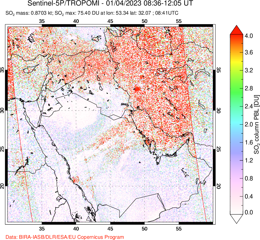 A sulfur dioxide image over Middle East on Jan 04, 2023.