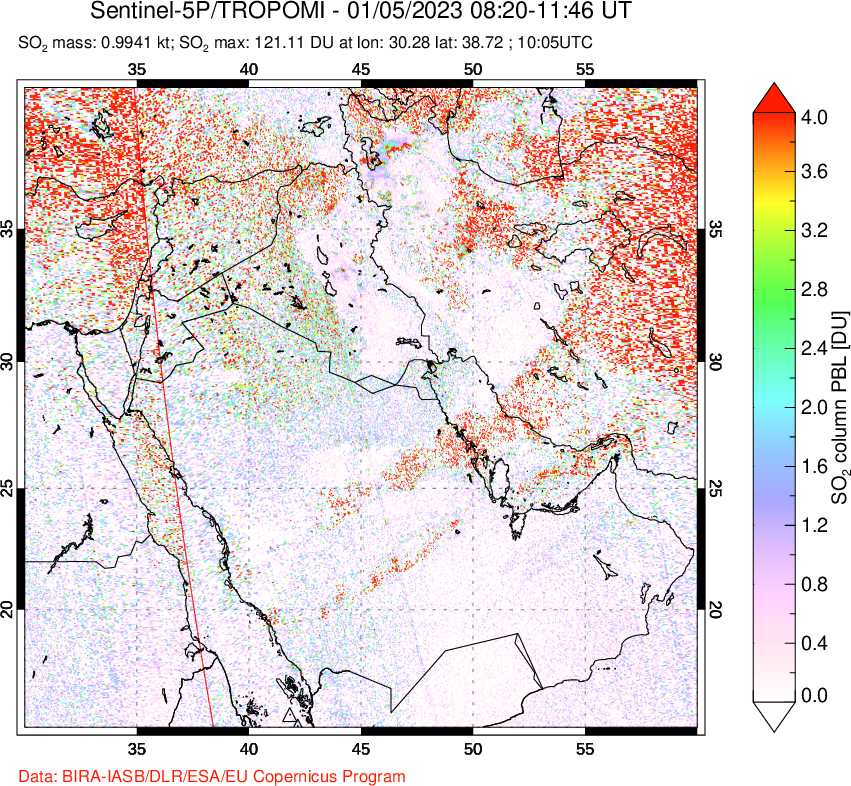 A sulfur dioxide image over Middle East on Jan 05, 2023.