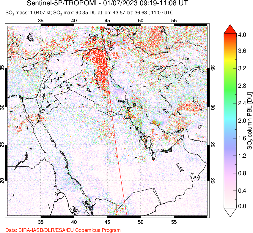 A sulfur dioxide image over Middle East on Jan 07, 2023.