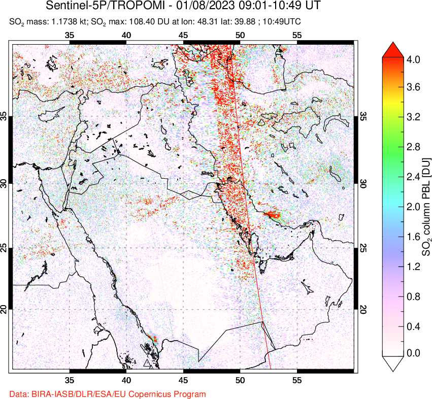 A sulfur dioxide image over Middle East on Jan 08, 2023.