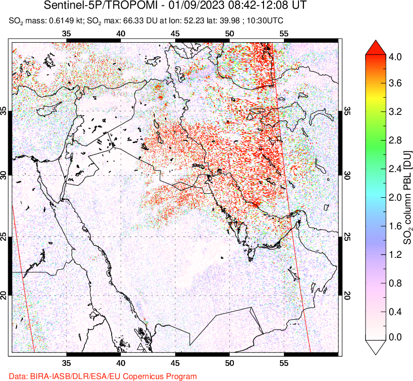A sulfur dioxide image over Middle East on Jan 09, 2023.