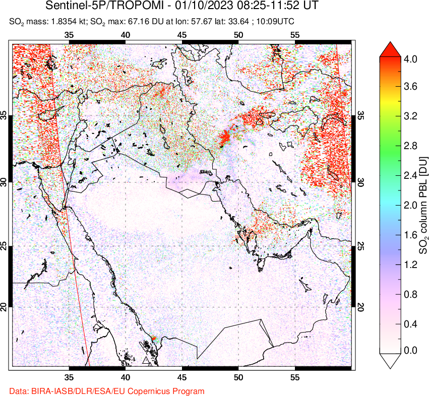 A sulfur dioxide image over Middle East on Jan 10, 2023.