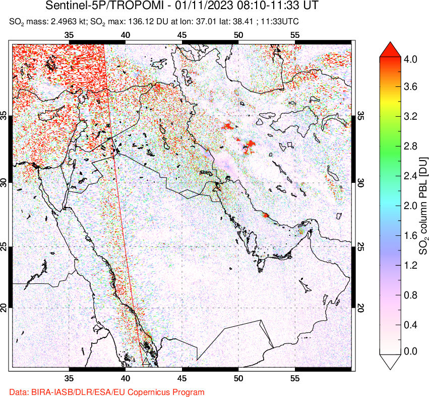 A sulfur dioxide image over Middle East on Jan 11, 2023.