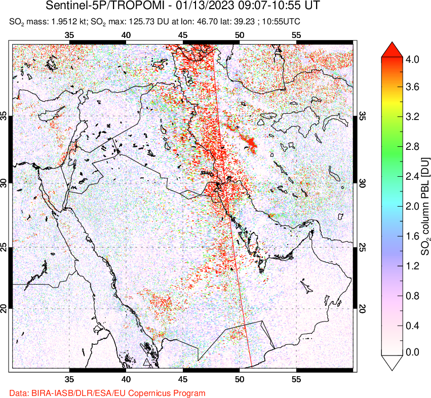 A sulfur dioxide image over Middle East on Jan 13, 2023.