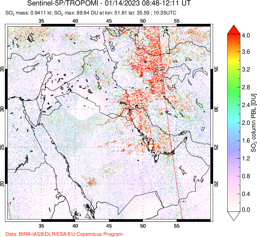 A sulfur dioxide image over Middle East on Jan 14, 2023.