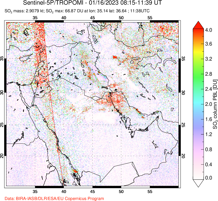 A sulfur dioxide image over Middle East on Jan 16, 2023.