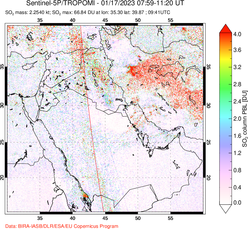 A sulfur dioxide image over Middle East on Jan 17, 2023.
