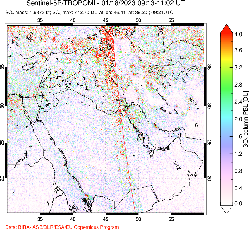 A sulfur dioxide image over Middle East on Jan 18, 2023.