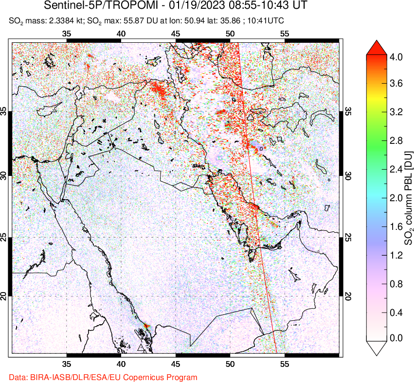 A sulfur dioxide image over Middle East on Jan 19, 2023.