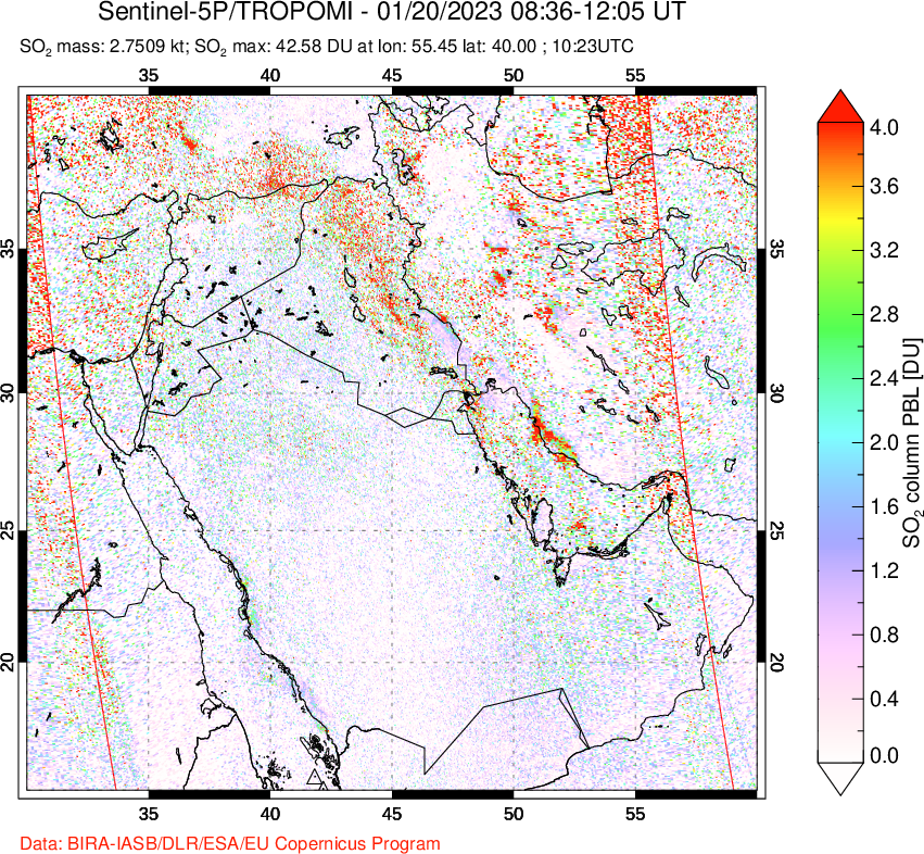 A sulfur dioxide image over Middle East on Jan 20, 2023.