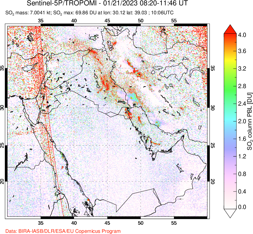 A sulfur dioxide image over Middle East on Jan 21, 2023.