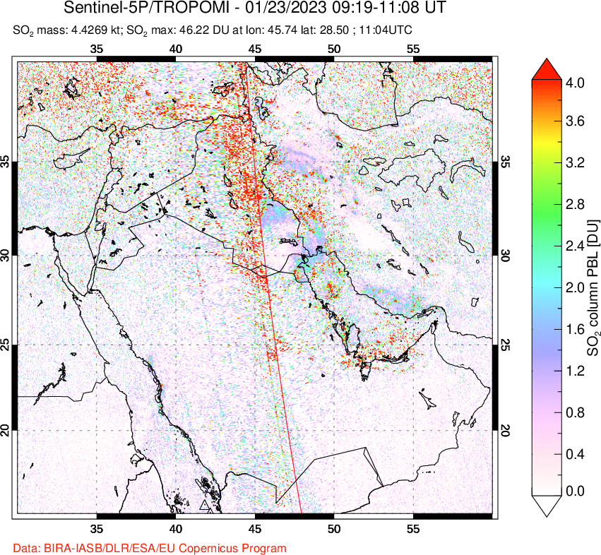 A sulfur dioxide image over Middle East on Jan 23, 2023.