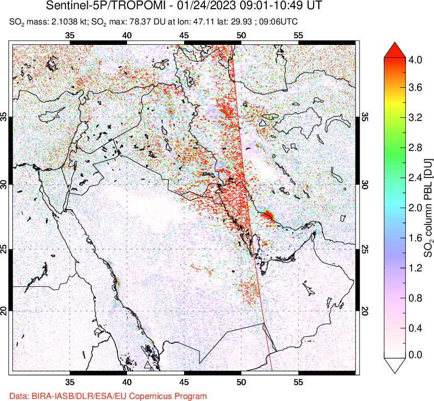 A sulfur dioxide image over Middle East on Jan 24, 2023.