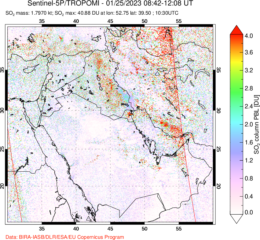 A sulfur dioxide image over Middle East on Jan 25, 2023.