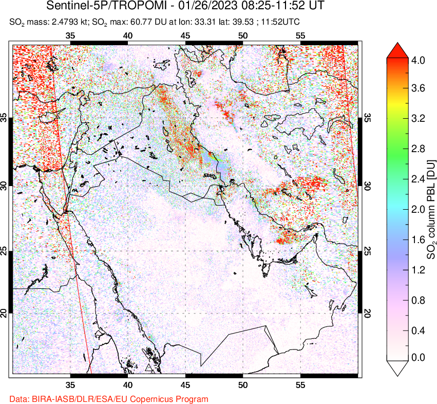 A sulfur dioxide image over Middle East on Jan 26, 2023.
