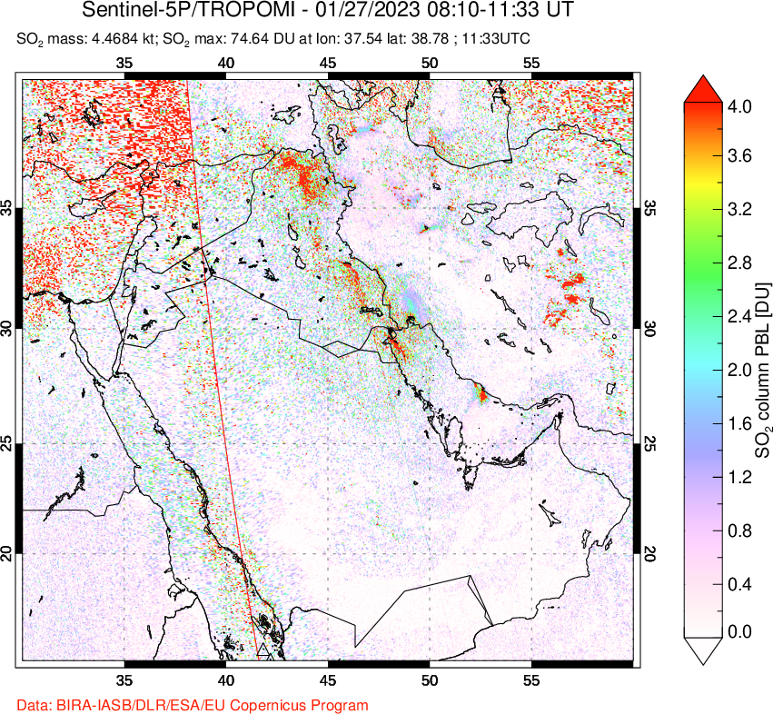 A sulfur dioxide image over Middle East on Jan 27, 2023.