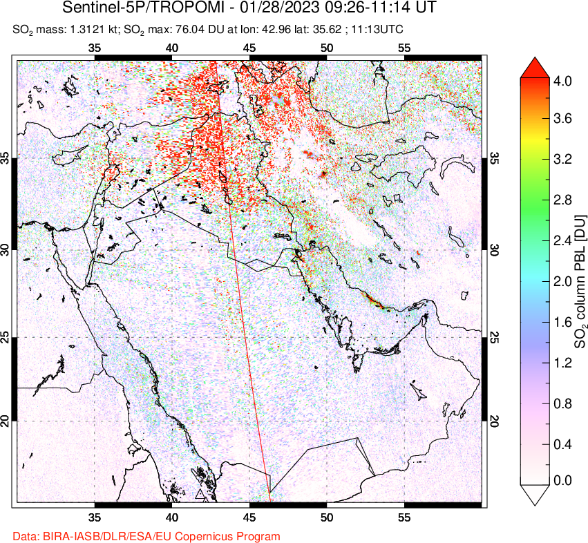 A sulfur dioxide image over Middle East on Jan 28, 2023.