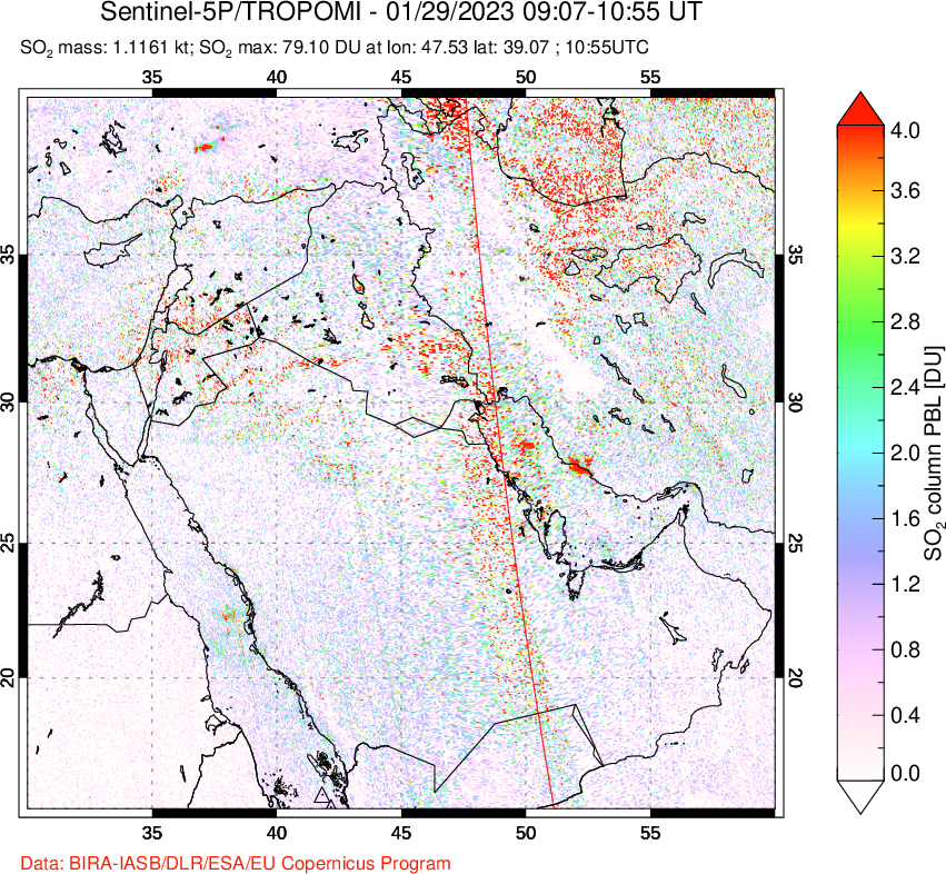 A sulfur dioxide image over Middle East on Jan 29, 2023.