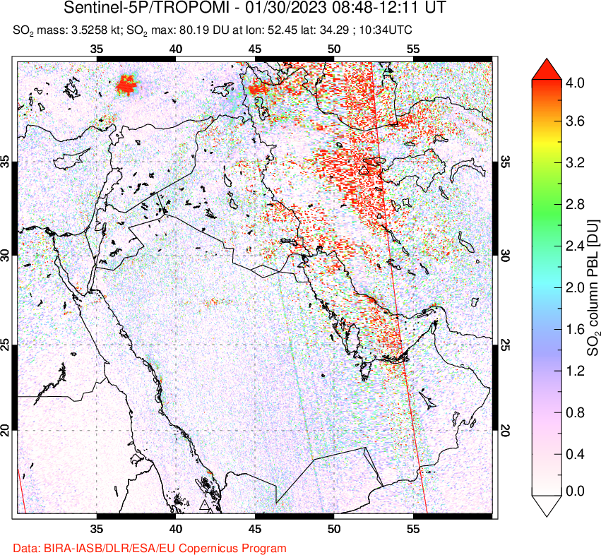 A sulfur dioxide image over Middle East on Jan 30, 2023.