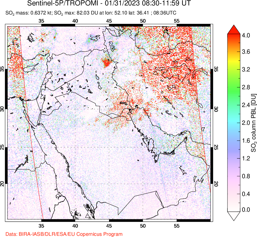 A sulfur dioxide image over Middle East on Jan 31, 2023.