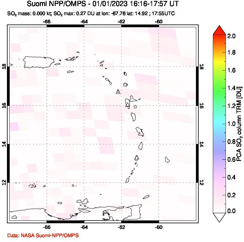 A sulfur dioxide image over Montserrat, West Indies on Jan 01, 2023.
