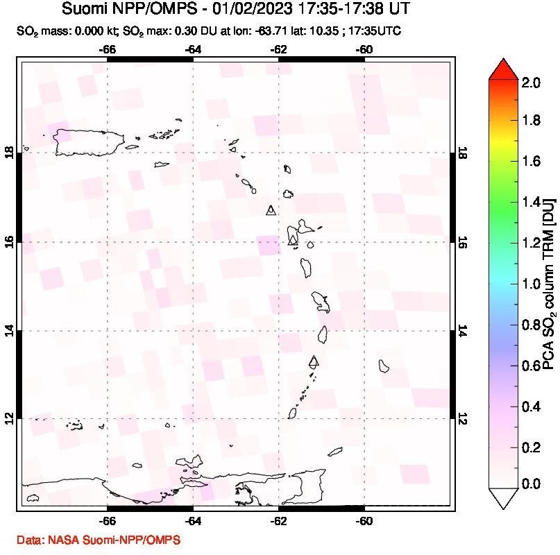 A sulfur dioxide image over Montserrat, West Indies on Jan 02, 2023.
