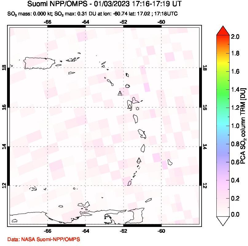 A sulfur dioxide image over Montserrat, West Indies on Jan 03, 2023.