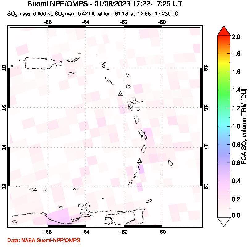 A sulfur dioxide image over Montserrat, West Indies on Jan 08, 2023.