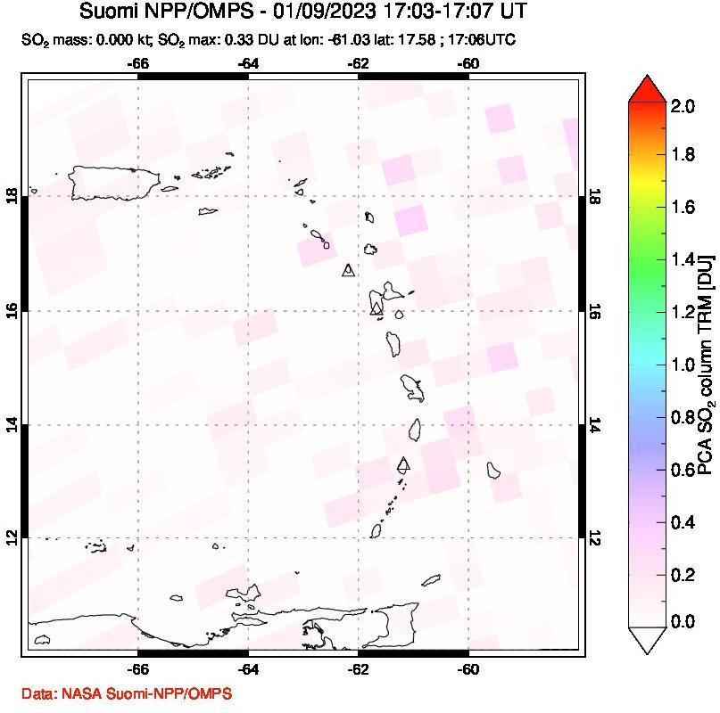 A sulfur dioxide image over Montserrat, West Indies on Jan 09, 2023.